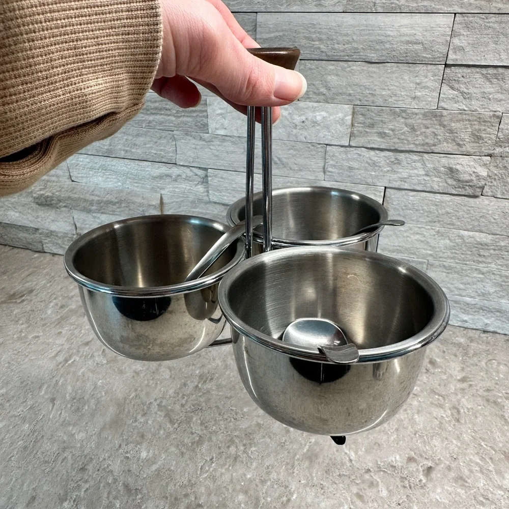 MCM Condiment Serving Set Stainless Bowls Caddy Wood Handle and Spoons Vtg